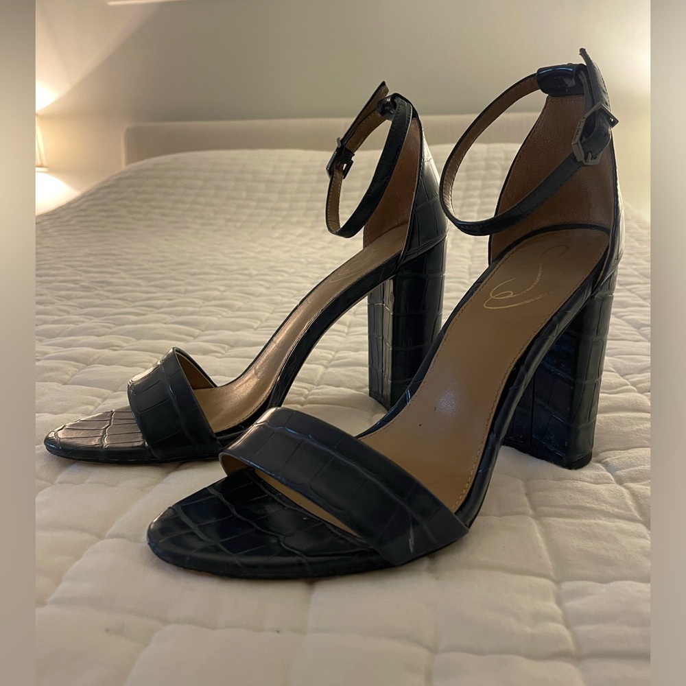 Sam Edelman Yaro Blue Snakeskin Block Heeled Sandals